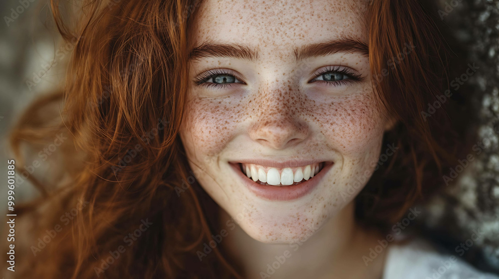 Close-up of a freckled woman with red hair and blue eyes, smiling. Close-up of a freckled woman with red hair and blue eyes, smiling.