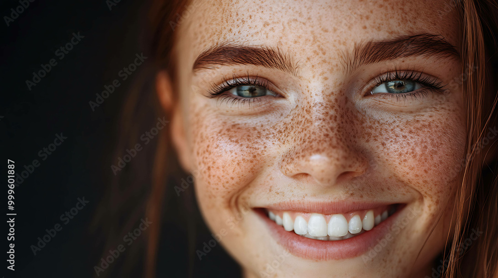 Closeup of a young woman smiling with freckles. Closeup of a young woman smiling with freckles.