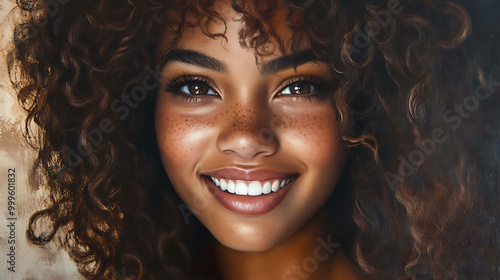 A close-up portrait of a smiling woman with curly brown hair and freckles.