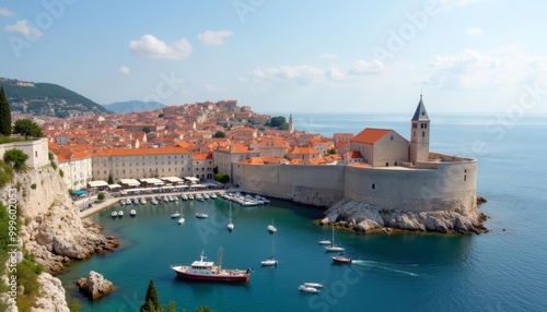  Vibrant coastal cityscape with historic fortress and bustling marina