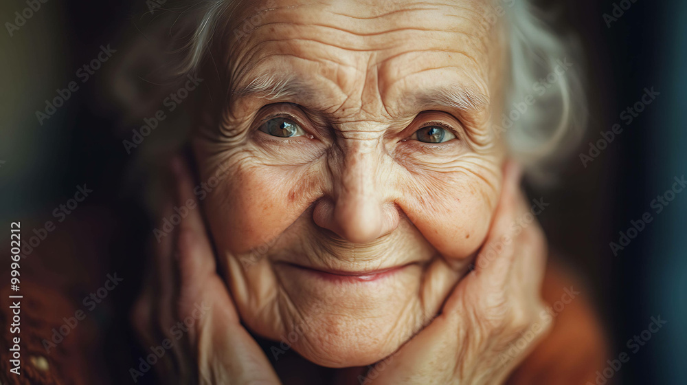 An elderly woman smiles gently, her hands resting on her cheeks. An elderly woman smiles gently, her hands resting on her cheeks.