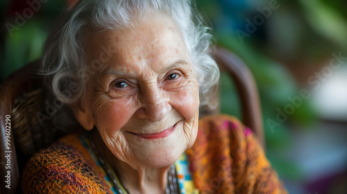 An elderly woman with a warm smile and kind eyes looks at the camera. photo