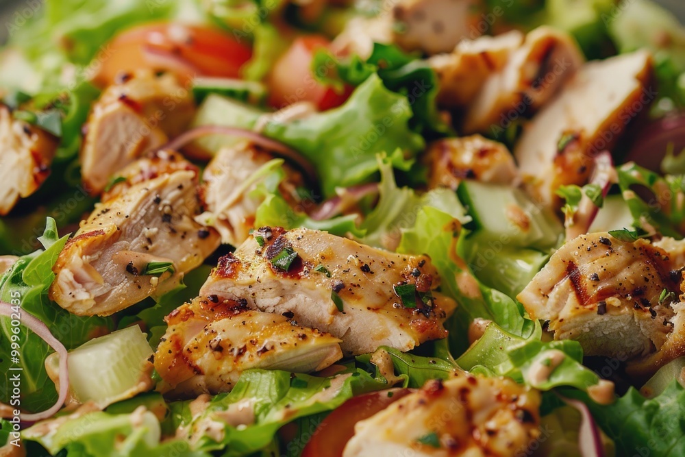 Fresh ingredients combined in a delicious salad bowl with grilled chicken, lettuce, tomatoes, and onions Fresh ingredients combined in a delicious salad bowl with grilled chicken, lettuce, tomatoes, and onions