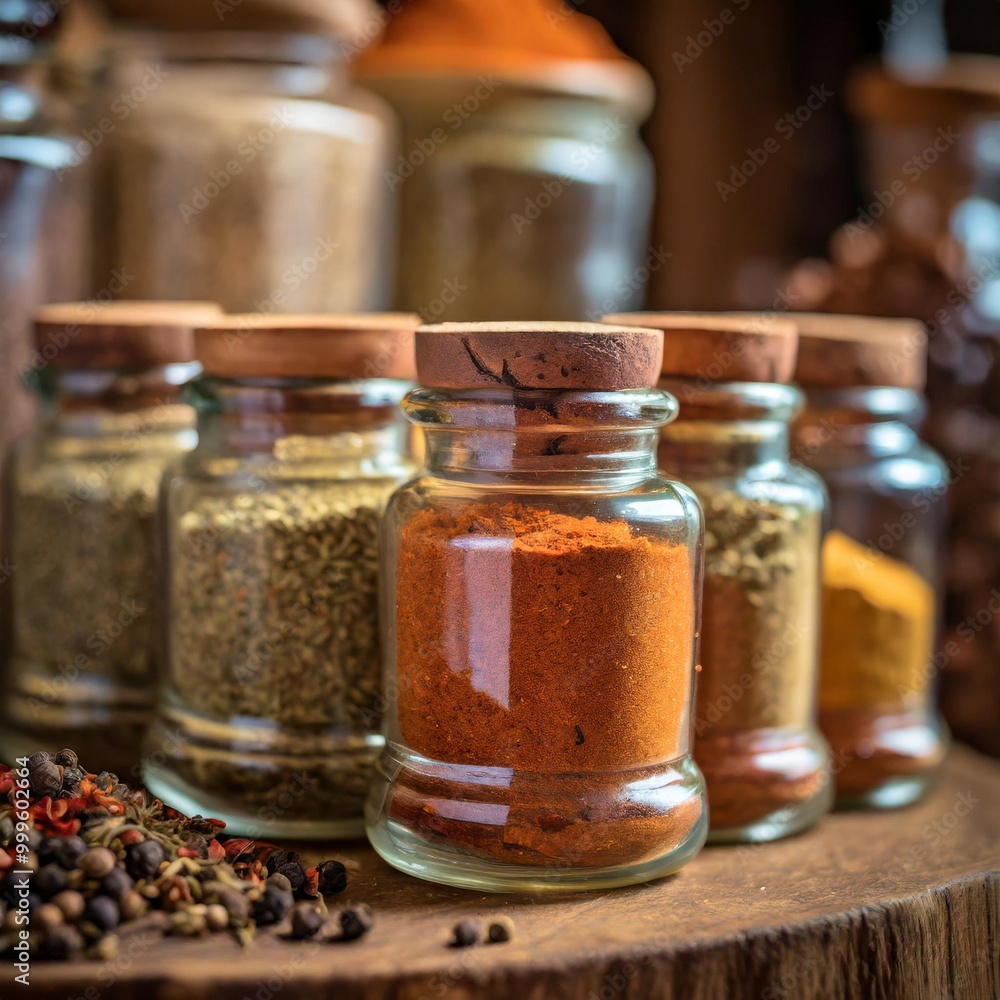 Handcrafted spice jars with depth of field showcasing freshly ground spices and earthy tones Handcrafted spice jars with depth of field showcasing freshly ground spices and earthy tones