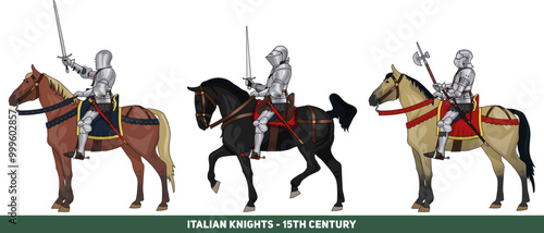 Set of Three Late Medieval Knights on Horseback in Full Plate Armour and with Various Weapons, Illustration Isolated on Transparent Background, Historical, EPS 10 Vector