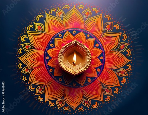 Brightly lit diya candle on vibrant rangoli pattern, symbolizing light, joy, and festivity during Diwali celebrations. photo