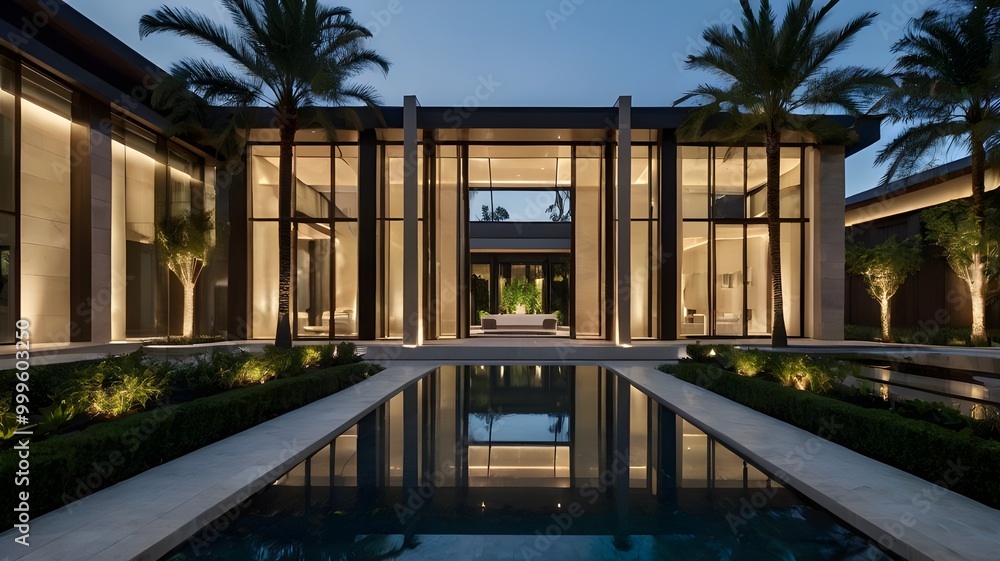 Fototapeta premium Modern luxurious mansion with a large infinity swimming pool, showcasing a rich and extravagant villa design