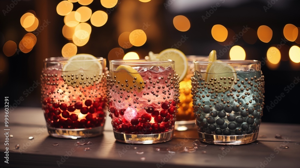 Four Glasses of cocktails of Christmas decoration with bokeh lights background. Four Glasses of cocktails of Christmas decoration with bokeh lights background.