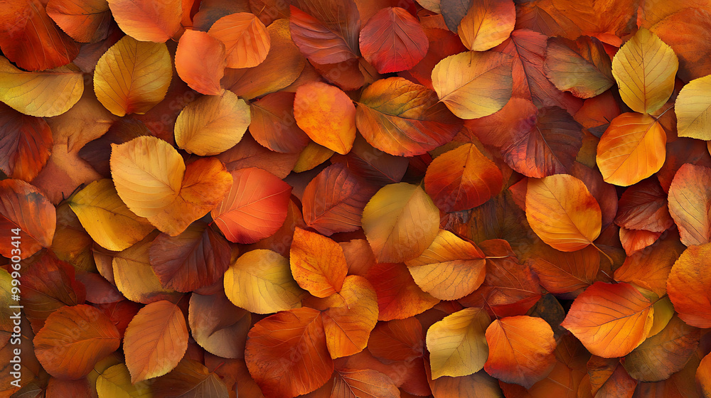 A close-up of autumn leaves in shades of red, orange and yellow. A close-up of autumn leaves in shades of red, orange and yellow.