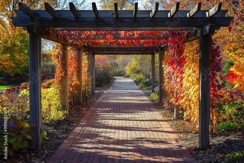 Trellis in a Colorful Autumn Garden with Backlight over Brick Walking Path photo