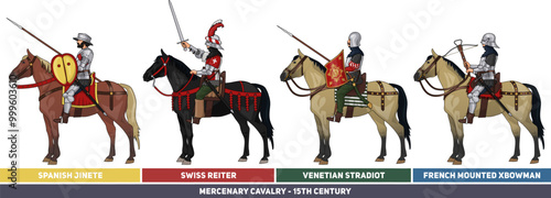 Set of Four Late Medieval Mercenary Riders on Horseback in Armour and with Various Weapons, Illustration Isolated on Transparent Background, Historical, EPS 10 Vector photo