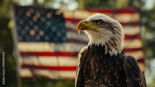 A bald gorgeous eagle stands in front of an American flag