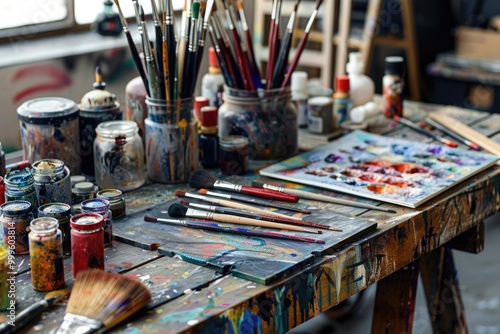 Artist's workspace with paints and brushes