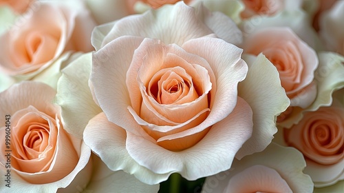 A delicate blush rose, soft and creamy petals unfurl, revealing a subtle, rosy heart in a symphony of floral beauty.