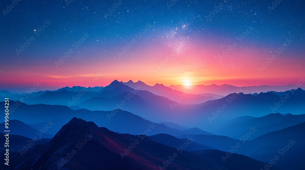 A beautiful mountain range with a bright orange sun in the sky. A beautiful mountain range with a bright orange sun in the sky.
