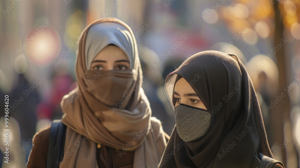 Portrait of young Asian muslim woman wearing hijab head scarf on street in the city Portrait of young Asian muslim woman wearing hijab head scarf on street in the city