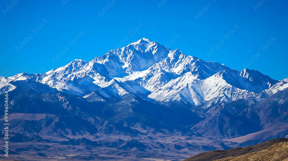 Obraz premium Snow-capped mountain peaks against a clear blue sky.