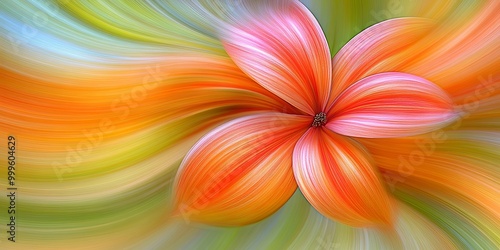 A vibrant orange and pink flower with a delicate, almost translucent quality, its petals swirling and blending with the colorful background, creating an ethereal and abstract floral composition.