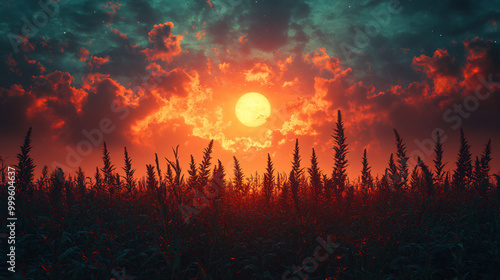 A sun is setting in a field of tall grass.