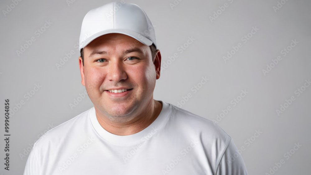 Plus size man wearing white t-shirt and white baseball cap isolated on grey background Plus size man wearing white t-shirt and white baseball cap isolated on grey background
