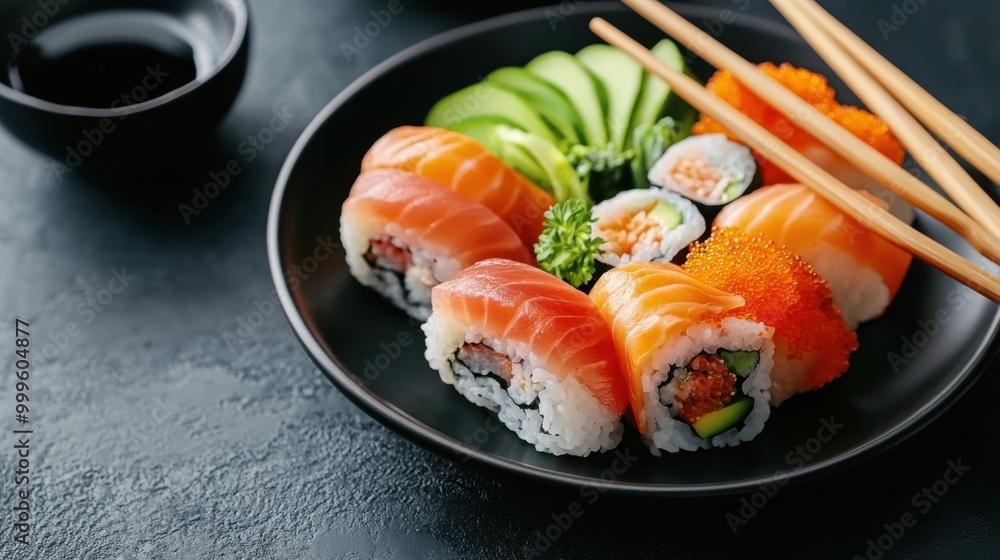 Fresh Sushi Plate with Vegetables and Soy Sauce Fresh Sushi Plate with Vegetables and Soy Sauce