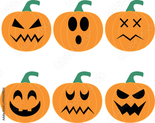Set of Halloween pumpkins with different faces.
