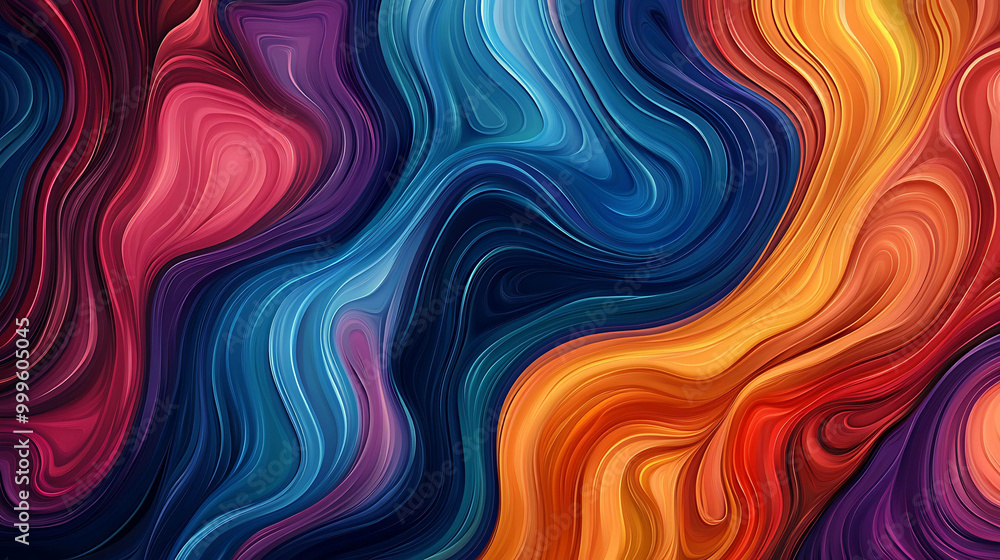 Obraz premium An abstract painting of swirled, colorful lines in orange, blue, purple and red.