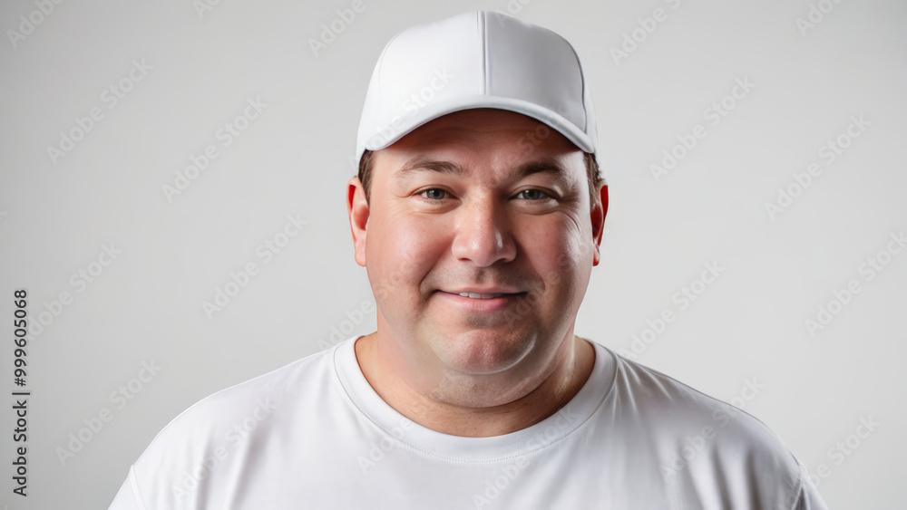 Plus size man wearing white t-shirt and white baseball cap isolated on grey background Plus size man wearing white t-shirt and white baseball cap isolated on grey background