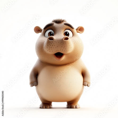 Chubby Cute Hippo: Surprised Expression in 3D Cartoon Style