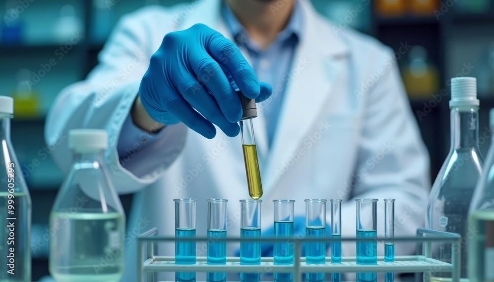 Precision in the lab A scientist carefully measures a sample Precision in the lab A scientist carefully measures a sample