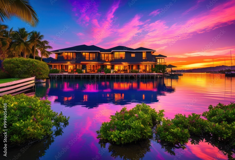 Fototapeta premium vibrant sunset reflections luxurious waterfront homes colorful skies serene water views, upscale, landscape, architecture, evening, beauty, nature, horizon