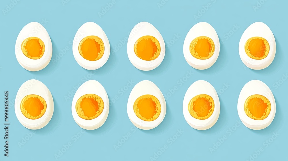 A collection of boiled, peeled, and sliced chicken eggs, presented as a flat vector illustration on a blue background. A collection of boiled, peeled, and sliced chicken eggs, presented as a flat vector illustration on a blue background.