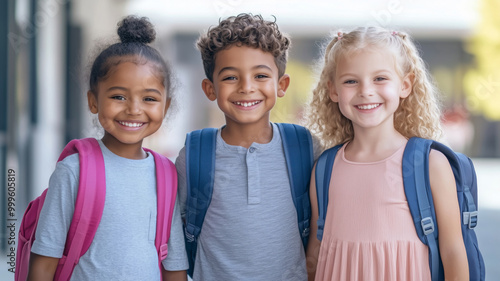 Close-up of three small children standing in front of their elementray school photo