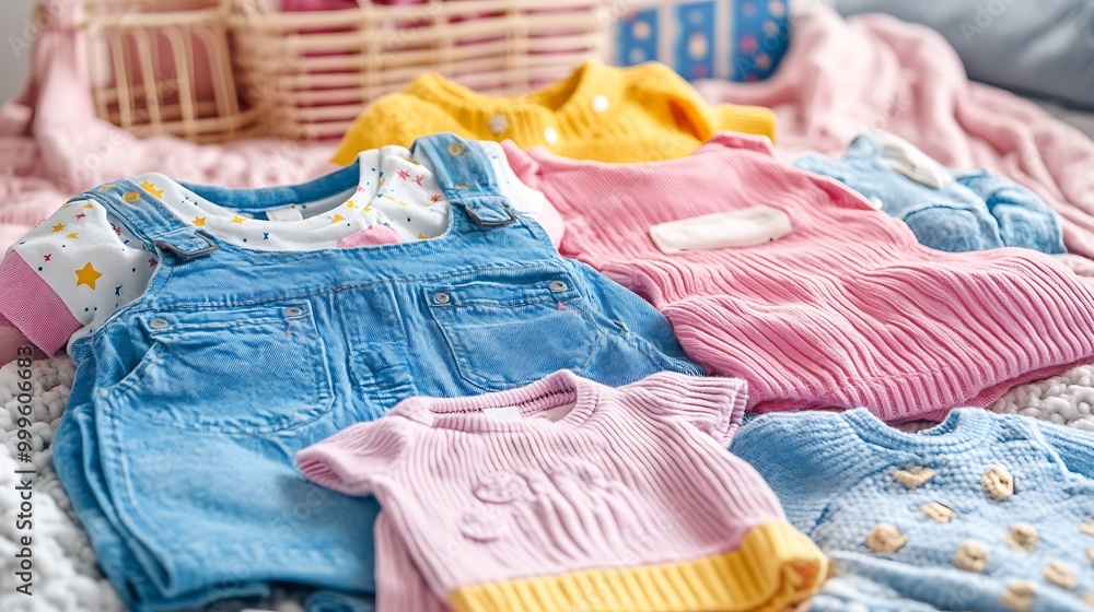 Closeup of a pile of colorful baby clothes on a fuzzy blanket. Closeup of a pile of colorful baby clothes on a fuzzy blanket.