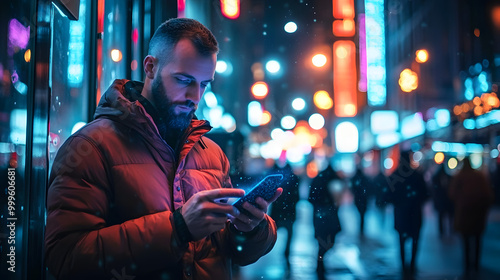 Man using smartphone standing on the night city street full of neon light, Male holding mobile phone, posting social media, online shopping, texting, generative ai