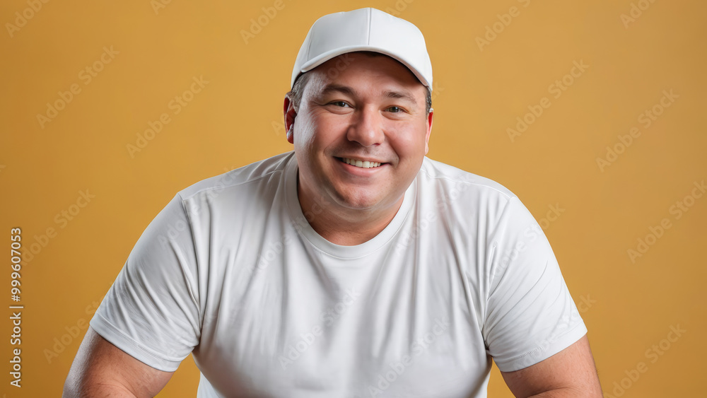 Plus size man wearing white t-shirt and white baseball cap isolated on yellow background Plus size man wearing white t-shirt and white baseball cap isolated on yellow background