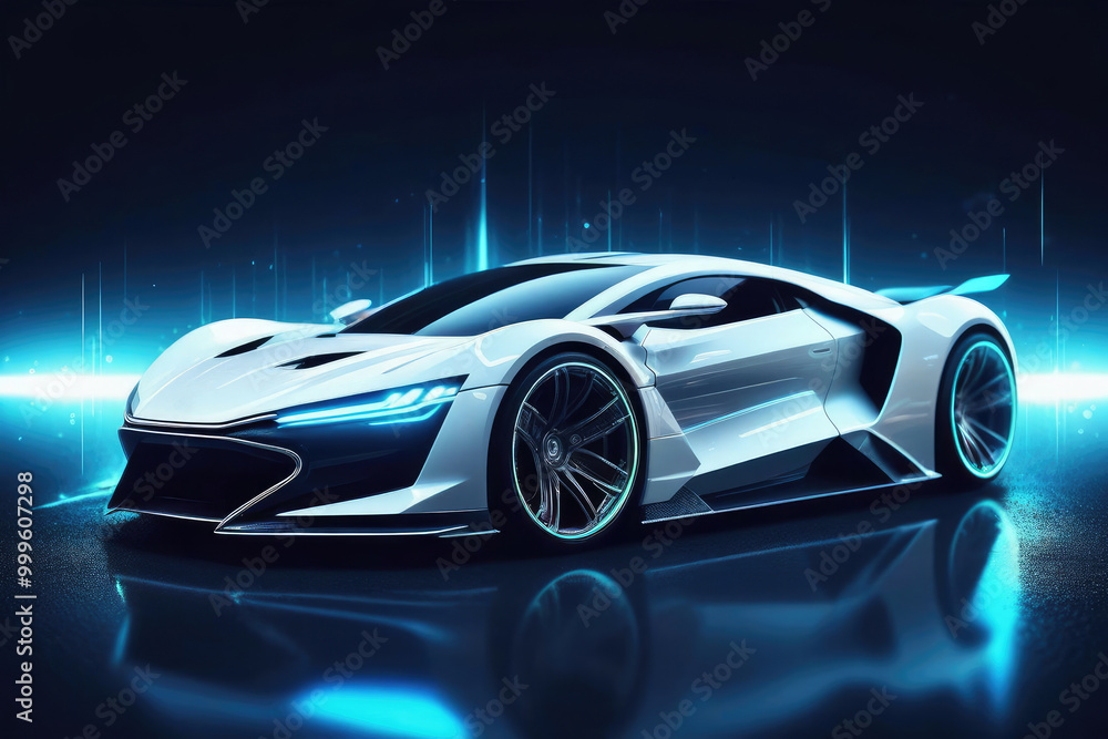 Luxury sports white car in neon lights, powerful acceleration of a supercar. Luxury sports white car in neon lights, powerful acceleration of a supercar.