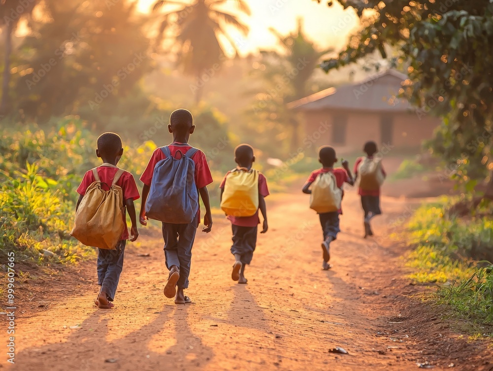 Obraz premium Children Walking to School Together in Africa