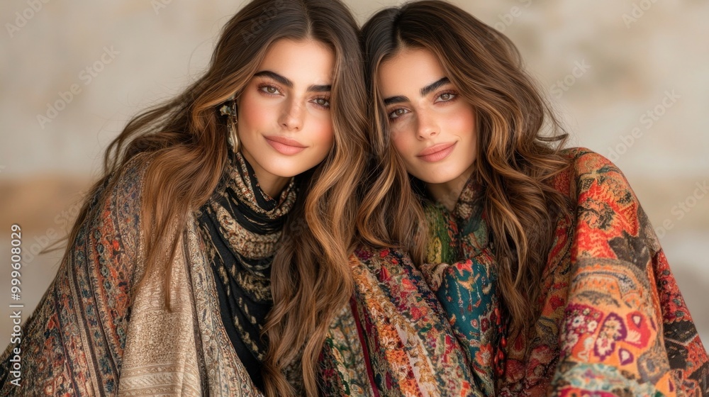 Fototapeta premium Twin Harmony Warmth, sisters embrace wrapped in colorful shawls, soft smiles, long wavy hair, cozy togetherness.