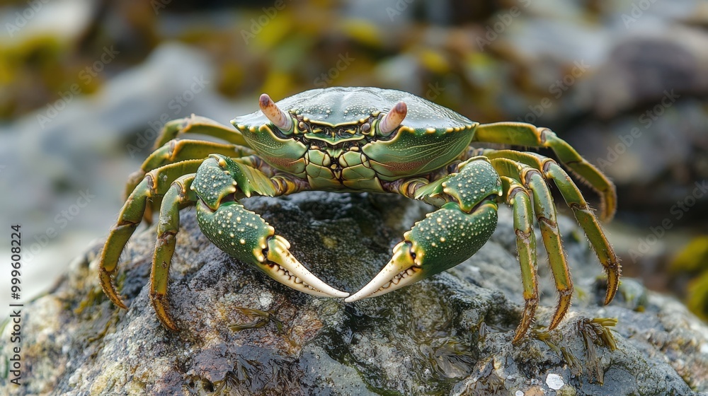 Green Crab. Common Coastal Animal, Close-up of European Green Crab on Calcium and Carapace-covered Rock Green Crab. Common Coastal Animal, Close-up of European Green Crab on Calcium and Carapace-covered Rock