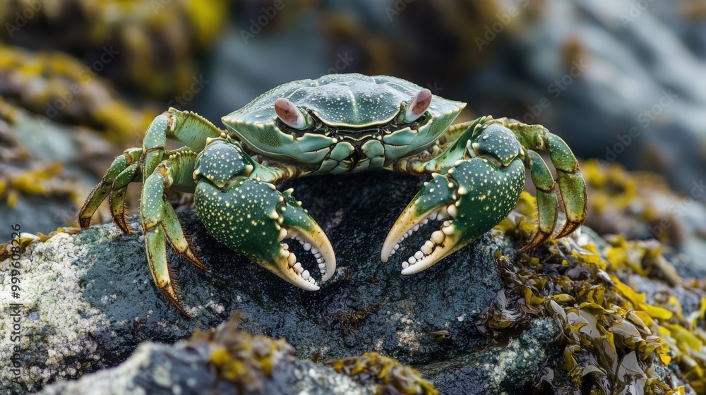 Green Crab. Coastal Animal Close Up on Barnacle and Seaweed Encrusted Rock Green Crab. Coastal Animal Close Up on Barnacle and Seaweed Encrusted Rock