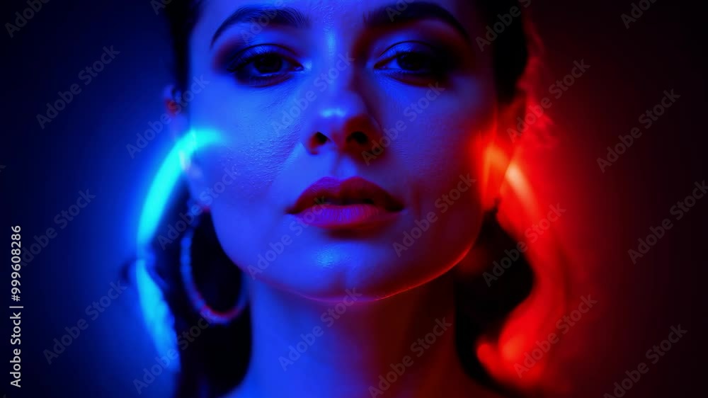 Vibrant portrait of woman illuminated by blue and red neon light Vibrant portrait of woman illuminated by blue and red neon light