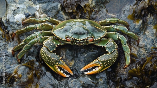 Green Crab. Close-up of Carcinus Maenus on Coastal Rock with Barnacles and Seaweed photo