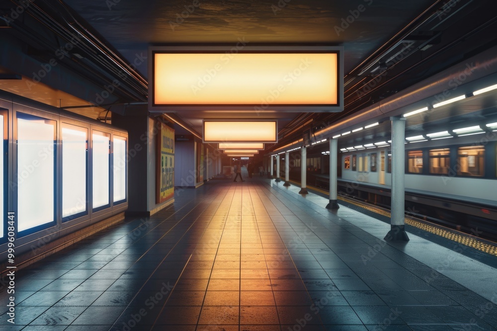 A busy subway station with a train moving through the platform A busy subway station with a train moving through the platform