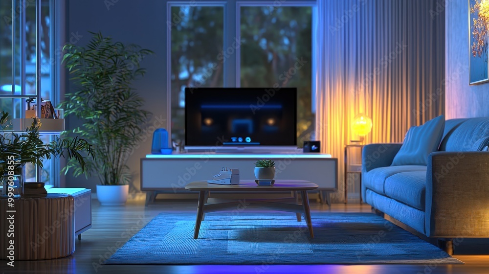 A modern living room showcasing an AI-powered smart home system ...