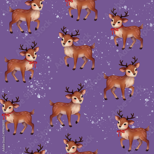 Seamless Christmas pattern featuring Rudolph reindeer, Santa Claus, Christmas tree, festive gifts, watercolor holiday design, perfect for Christmas wrapping paper, home decor, fabric, and textiles