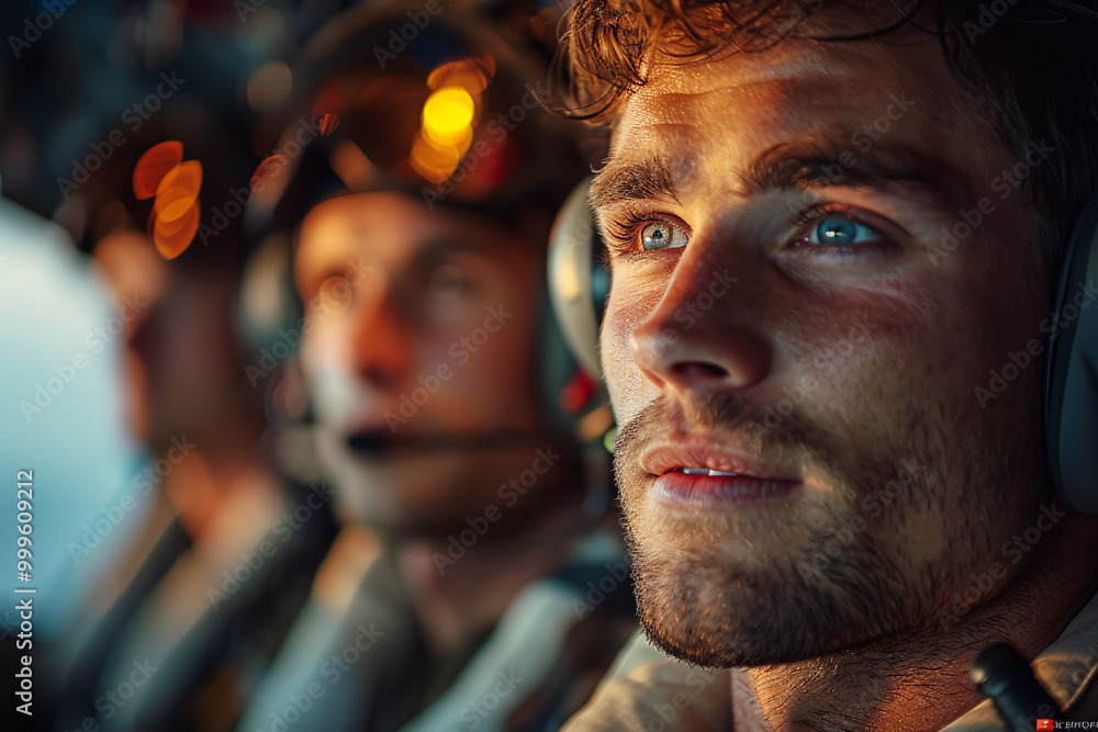 Obraz premium Focused copilot is inside the cockpit of a helicopter, preparing for take off