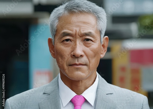 A stern-looking older man in a stylish suit with a pink tie, exuding confidence against an urban backdrop. photo