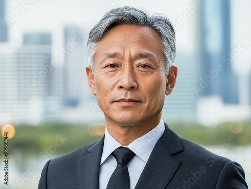 A confident man with silver hair, dressed in a formal suit, stands against an urban backdrop, exuding professionalism and leadership.