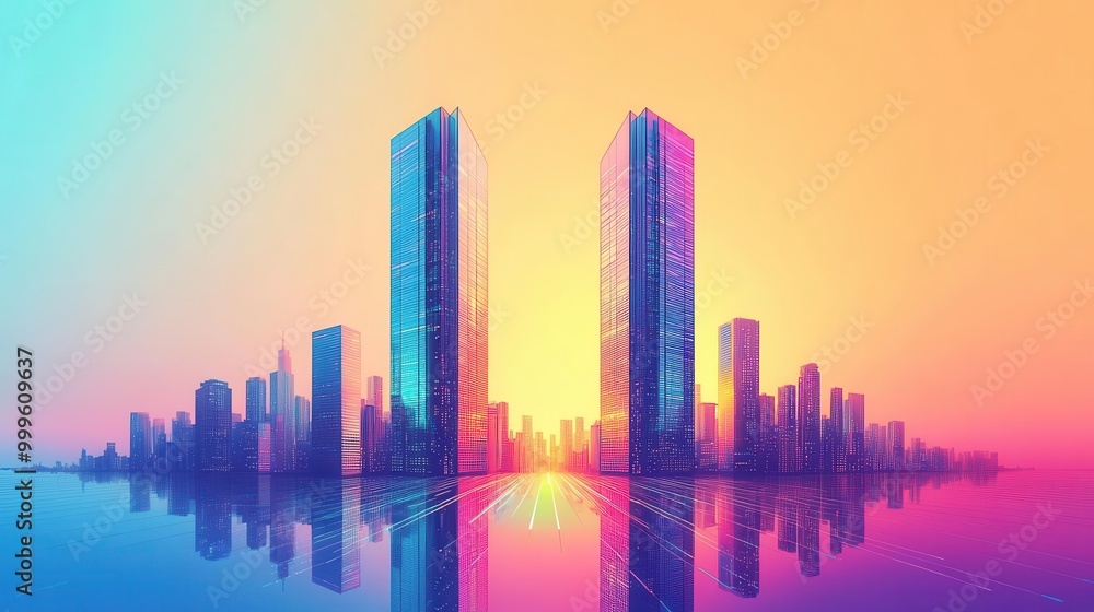 Illustrate a sleek, modern cityscape with two skyscrapers symbolizing a partnership, using vibrant colors and digital techniques Illustrate a sleek, modern cityscape with two skyscrapers symbolizing a partnership, using vibrant colors and digital techniques